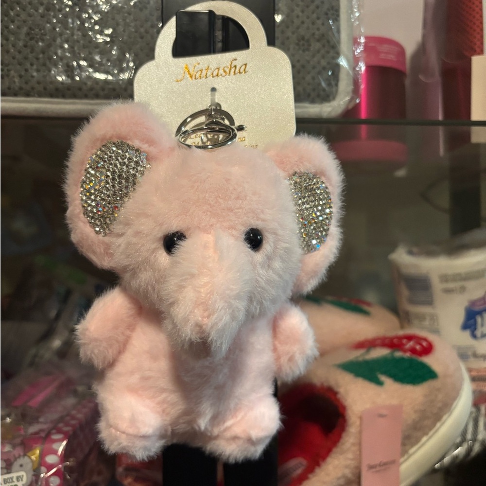 Natasha Pink Plush Elephant Keychain with Rhinestone Ears